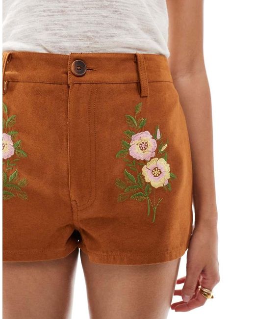 ASOS Brown Suedette Micro Shorts With Embroidery