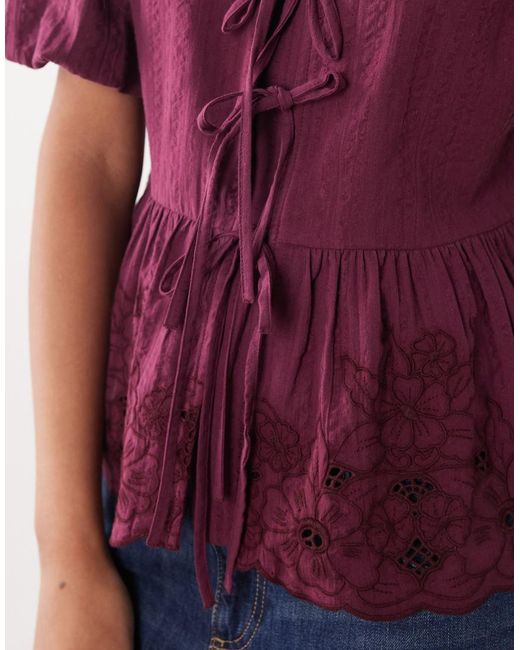 Nobody's Child Aries Puff Sleeve Bow Detail Embroidered Blouse