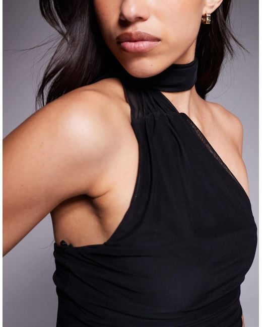 Fashionkilla Black Exclusive Mesh Overlay Neck Tie Mini Dress