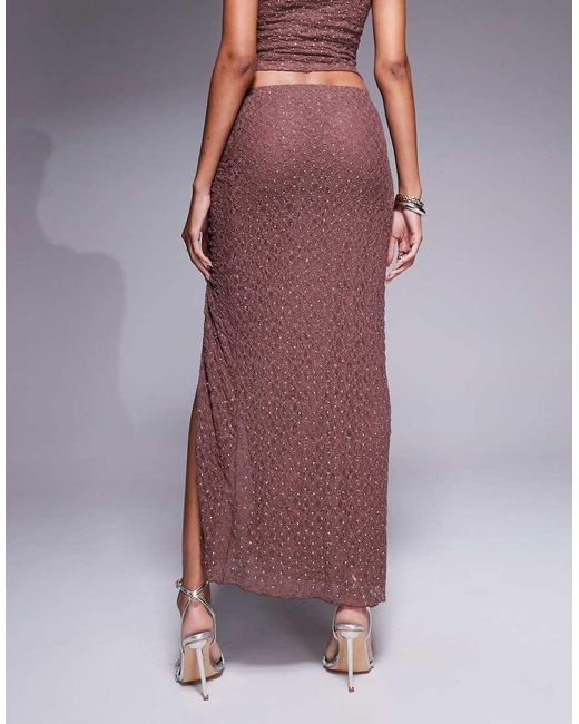 Falda Larga Marrón Fruncida De Encaje Con Diseño Termosellado De Strass De (Parte De Un Conjunto) ASOS de color Purple