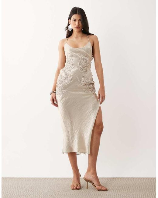 ASOS Natural Crinkle Satin Scoop Neck Cami Midi Dress With Floral Embellishment