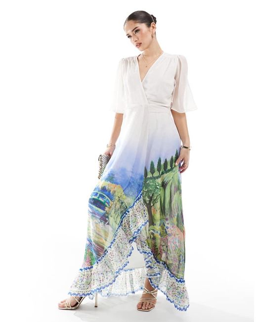 Hope & Ivy White Flutter Sleeve Maxi Wrap Dress With Tie Waist