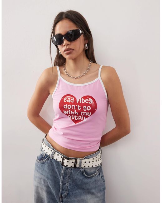 Noisy May Pink Contrast Trim Cami Top With Bad Vibes Print