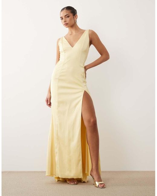 Oh Polly Natural Satin Cowl Drape Detail Open Back Thigh Split Maxi Dress
