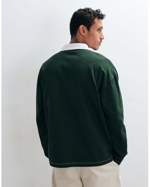 ASOS Green Heavyweight Boxy Oversized Long Sleeve Rugby Polo Shirt With Step Hem for men