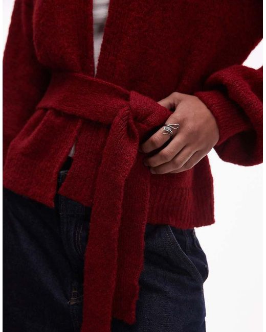 ASOS Red Knitted Oversized Cardigan With Wool With Tie Waist