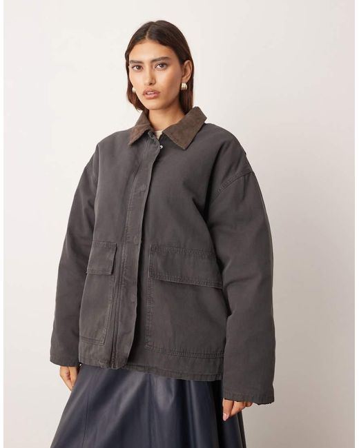 ARRANGE Gray Oversized Canvas Barn Jacket With Cord Collar Detail