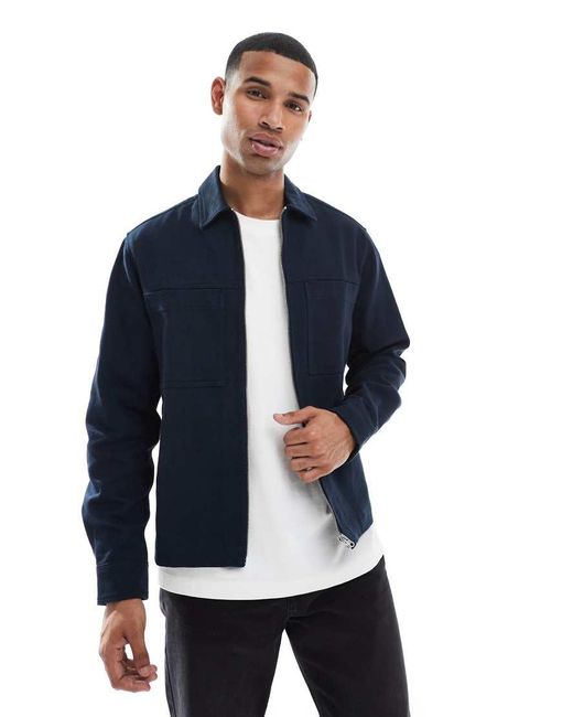 ASOS Blue Zip Through Heavyweight Twill Overshirt for men