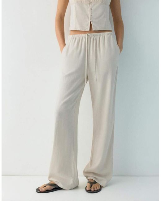 Pull&Bear White Flowing Viscose Linen Blend Trousers