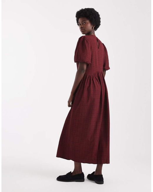 Wednesday's Girl Red Textu Plaid Puff Sleeve Midaxi Dress