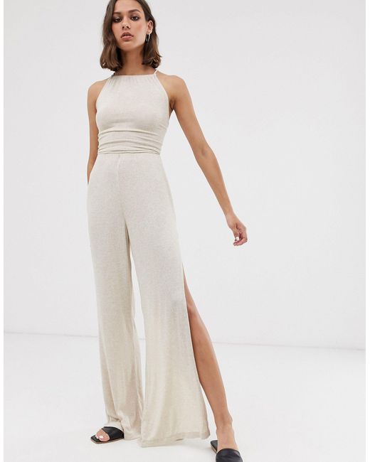 ASOS Natural Jumpsuit With Split Leg And Rope Tie Back Detail