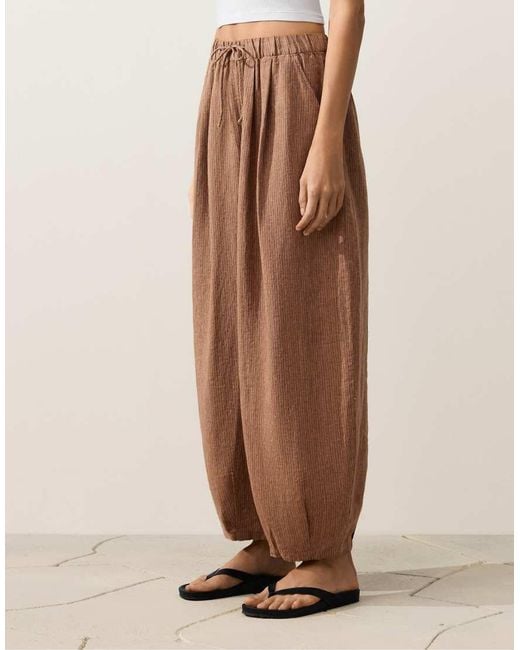 Oysho Natural 100% Linen Striped Balloon Trousers