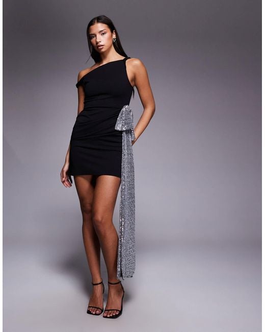 ASOS Blue Crepe Twisted Off The Shoulder Mini Dress With Silver Sequined Bow Side Detail