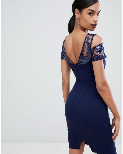 Lipsy Cold Shoulder Dress With Lace Detail in Blue | Lyst