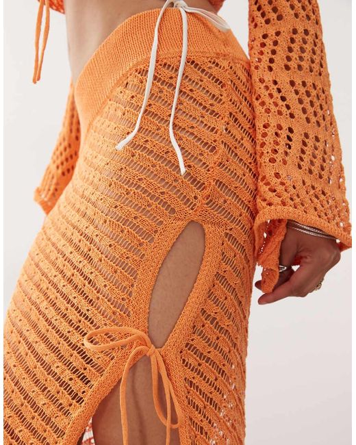 Noisy May Orange Side Split Tie Detail Crochet Maxi Skirt