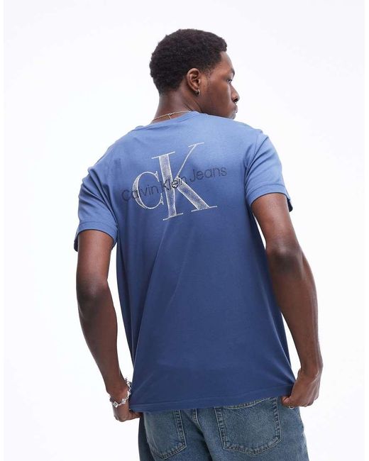 Calvin Klein Blue Monologo Textured Back Print T-shirt for men