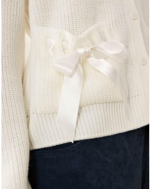 Miss Selfridge White Knitted Crew Cardigan With Bow Pocket Detail