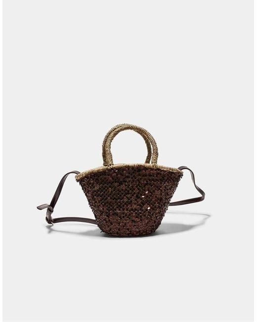 Stradivarius Brown Mini Sequinned Basket Bag