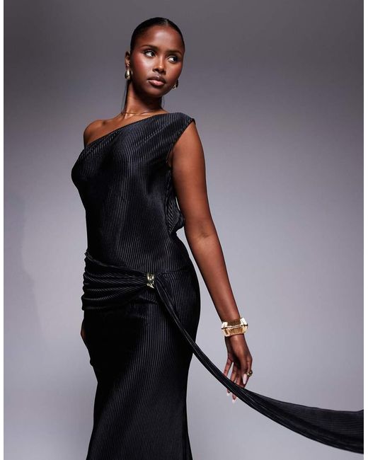 ASOS Blue Twist Fallen Shoulder With Ruching Drape Detail Plisse Maxi Dress