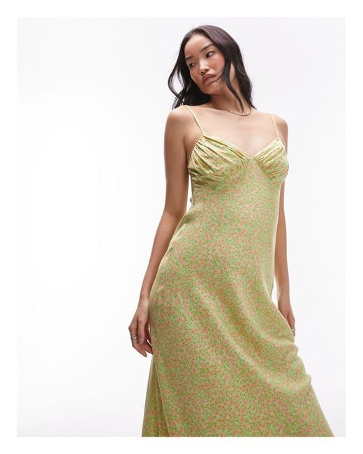 TOPSHOP Green Midi Slip Jacquard Dress