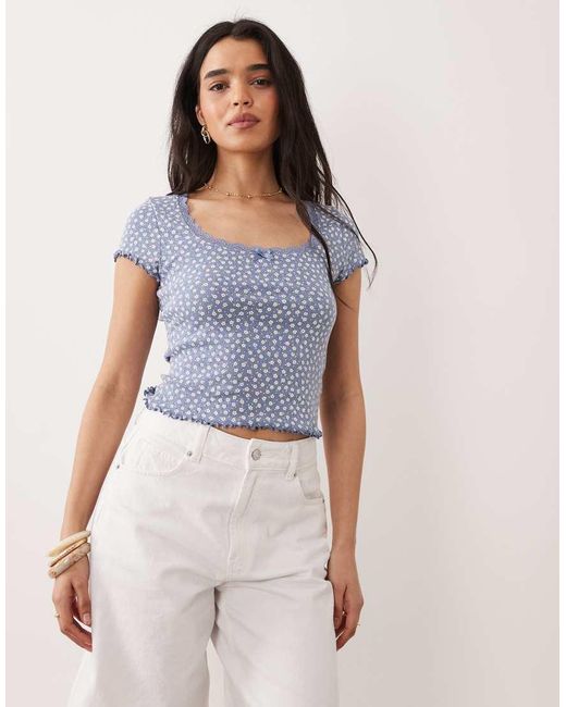 Miss Selfridge Blue Pointelle Square Neck Lace Trim Tee