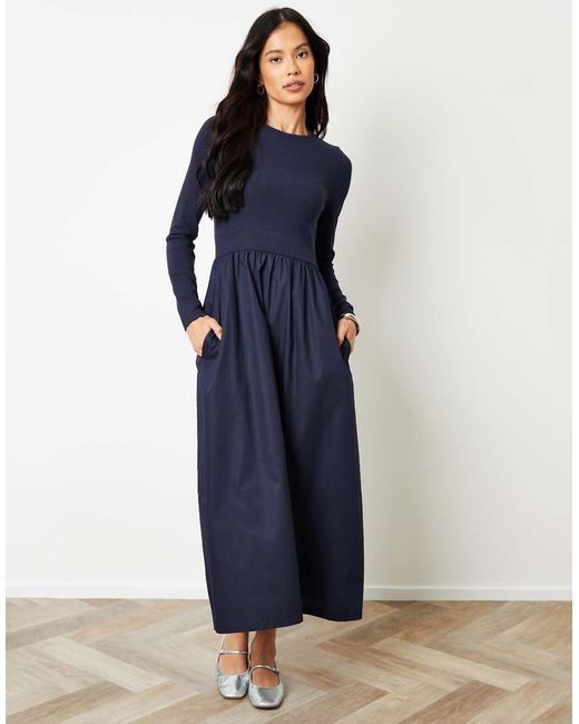 Threadbare Blue Rib Jersey 2-In-1 Midi Dress With Poplin Skirt