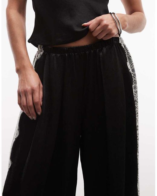 ASOS Black Satin Wide Leg Pants With Lace