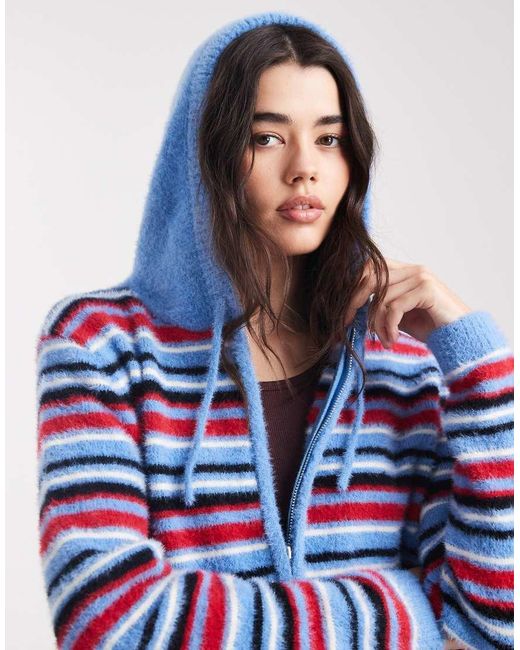 Daisy Street Blue Zip Up Fluffy Knit With Hood