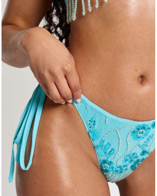 Public Desire Blue Beaded Embelished Bikini Pants