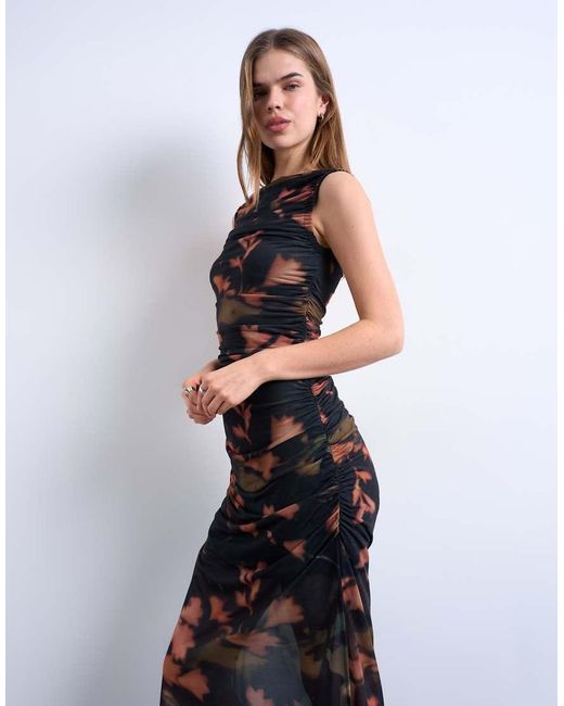 TOPSHOP White Mesh Floral Print Ruched Maxi Dress