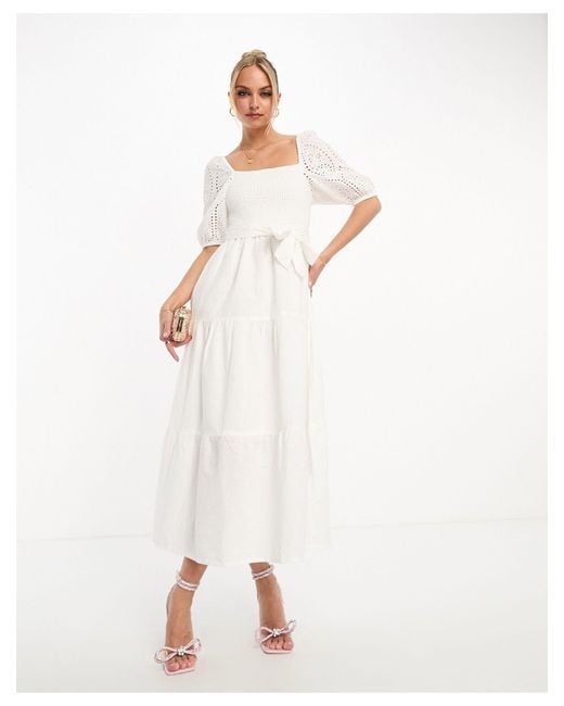 Lipsy White Broderie Sleeve Square Neck Belted Midi Dress