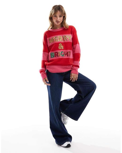Brave Soul Red Oversized Christmas Jumper With Sequins