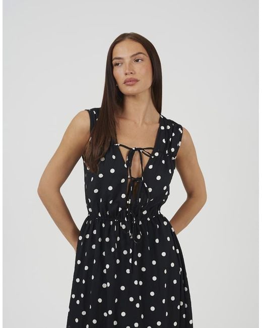 Brave Soul Black Polka Dot Sleeveless Maxi Dress With Front Tie