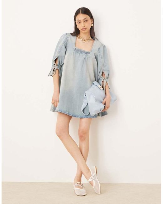 Vestido Vaquero Corto De Estilo Boho Con Lazadas En Las Bocamangas De ASOS de color Gray