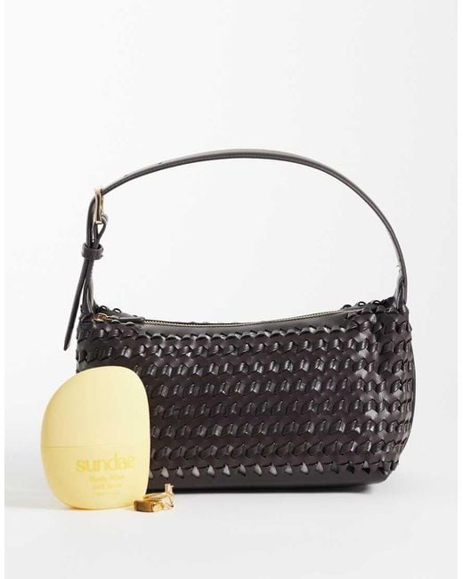 Mango Black Faux Leather Woven Shoulder Bag