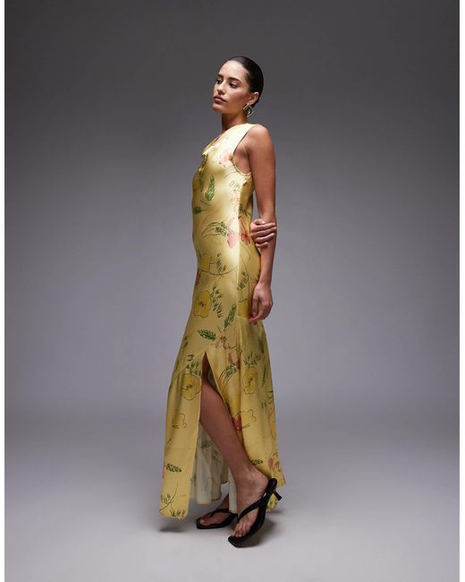 Robe longue à imprimé fleuri et encolure drapée - citron TOPSHOP en coloris Green