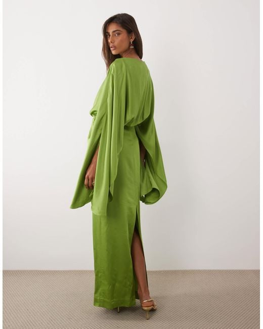 mango green satin dress Mango Drape Detail Satin Half Sleeve Maxi Dress in Green