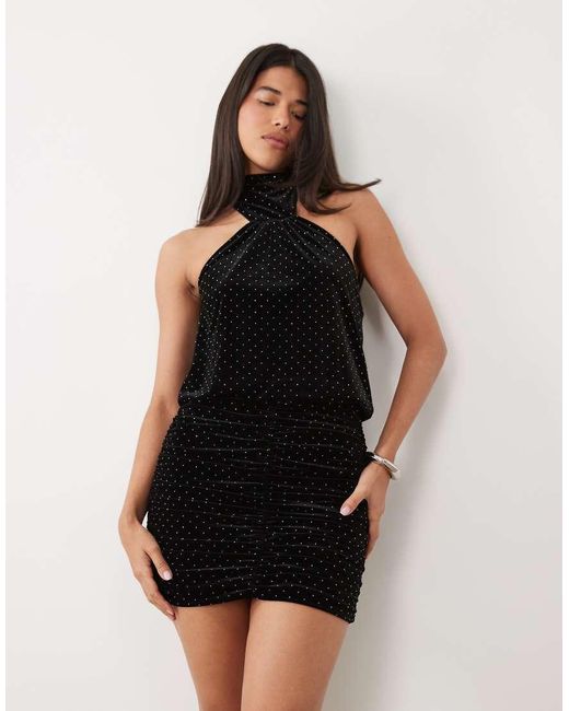 Ruched & Ready Black Velvet Hotfixhigh Neck Detail Blouson Waist Mini Dress