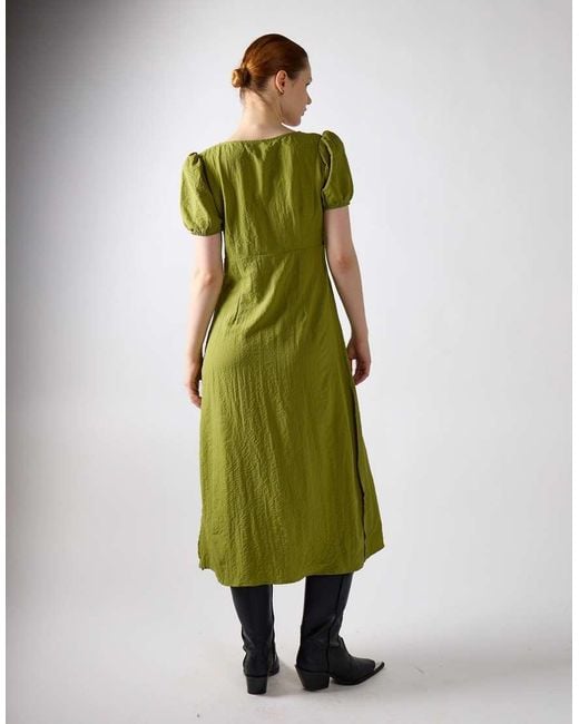 Glamorous Green Button Front Deep V-Neck Midi Dress