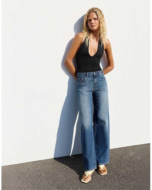 Pull&Bear Blue Rhinestone Halter Bodysuit