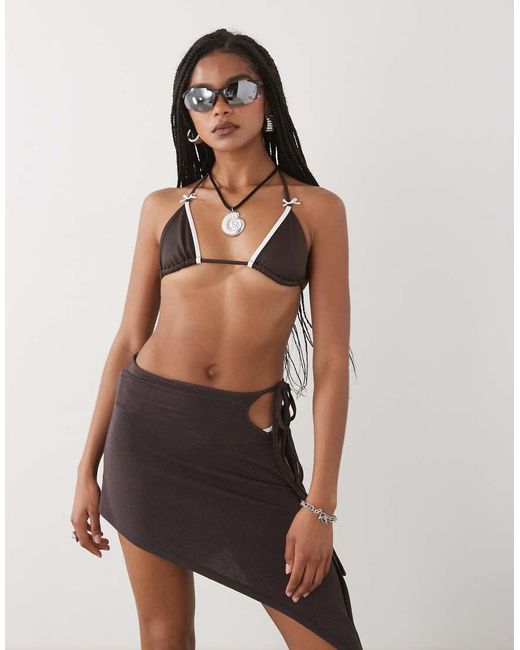 Lioness Brown Moss Tie Side Asymmetric Beach Skirt Co-ord