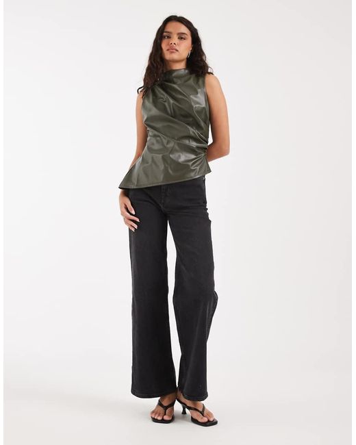 River Island Green Ruched Faux Leather Top