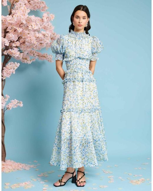Sister Jane Blue Shirred Floral Midaxi Dress