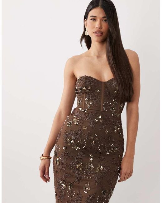 Beauut Brown Embellished Corset Strapless Slit Back Maxi Dress