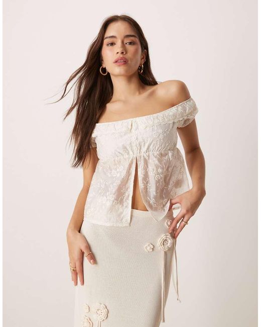 Motel Natural Shogo Flocked Floral Off Shoulder Top