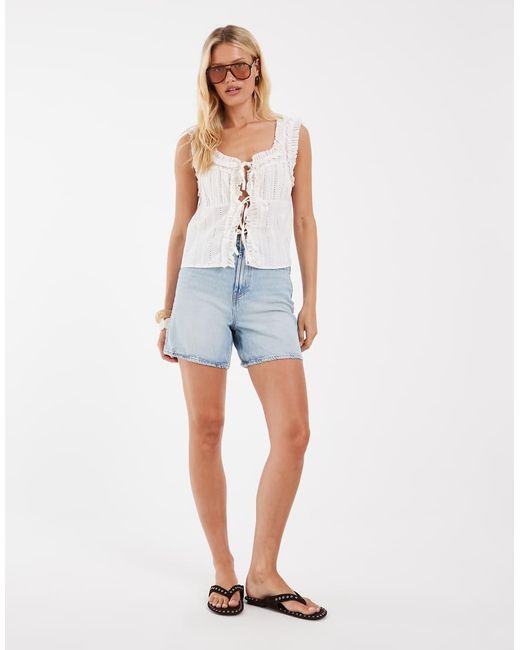 Object Blue Ruffle Trim Tie Front Embroidered Milkmaid Cami Top