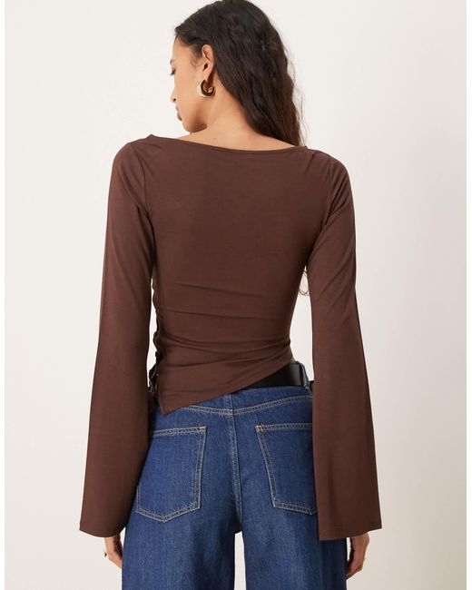 ASOS Brown Flared Long Sleeve Asymmetric Top With Side Tie Detail