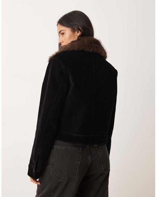 Mango Black Denim Jacket With Faux Fur Collar