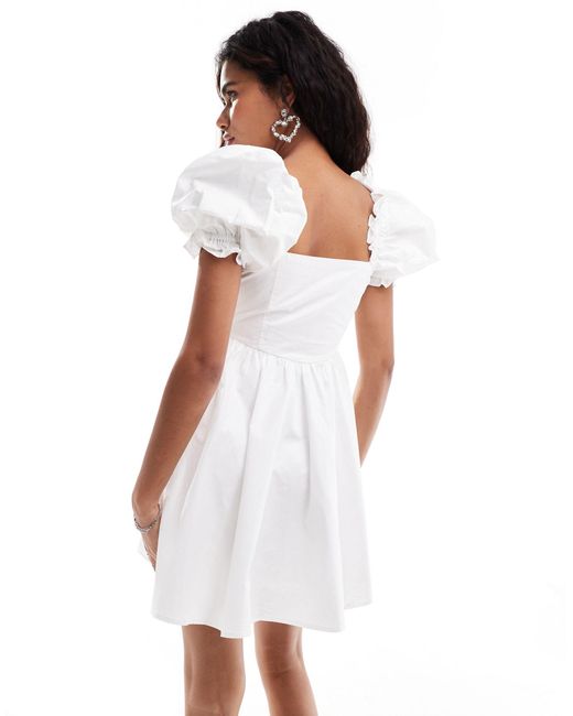 Urban Revivo White Puff Sleeve Cotton Mini Tea Dress
