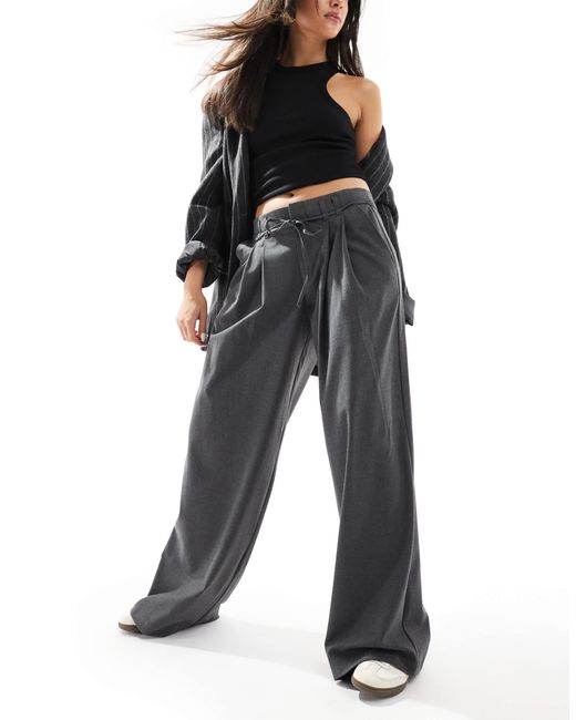 Pull&Bear Black Wide Leg Tailored Trousers With Tie Waist